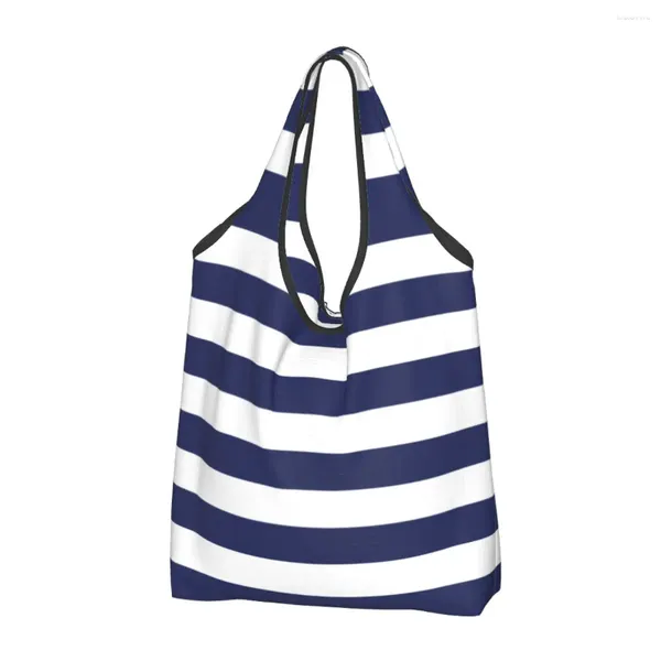 Einkaufstaschen, groß, wiederverwendbar, marineblau und weiß gestreift, Lebensmittel-Recycling, faltbare Öko-Tasche, waschbar, passt in die Tasche