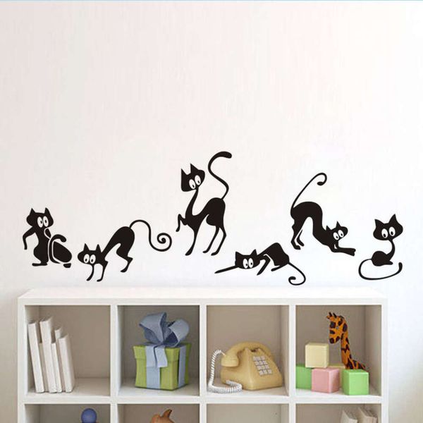 Schöne 6 schwarze süße Katzen-Wandaufkleber, moderne Katzen-Wandaufkleber für Mädchen, Vinyl, Heimdekoration, süße Katze, Wohnzimmer, Kinderzimmer