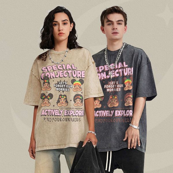 24ss Bl roupas masculinas | Verão divertido impressão dos desenhos animados lavado velho manga curta rua moda marca casal em torno do pescoço camiseta