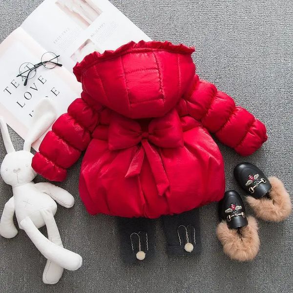 Куртки на пуху для маленьких девочек, зимнее плотное красное пальто, летняя рождественская толстовка с бантом, верхняя одежда, парки для малышей, детские парки для девочек 231213