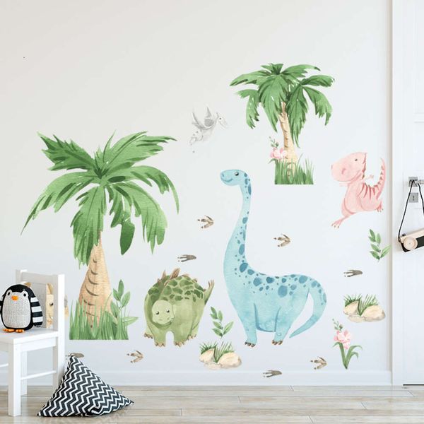101x80cm aquarela dinossauros bonitos com coqueiro adesivos de parede removível decalques para o quarto do berçário do bebê murais do quarto das crianças