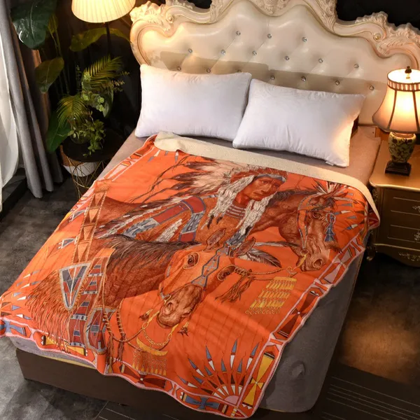 Diseñador de lujo Manta caballo indio impreso palacio corte Impreso Sofá cama Piel de cordero Diseñadores de terciopelo Mantas Decoración para el hogar Alfombra naranja