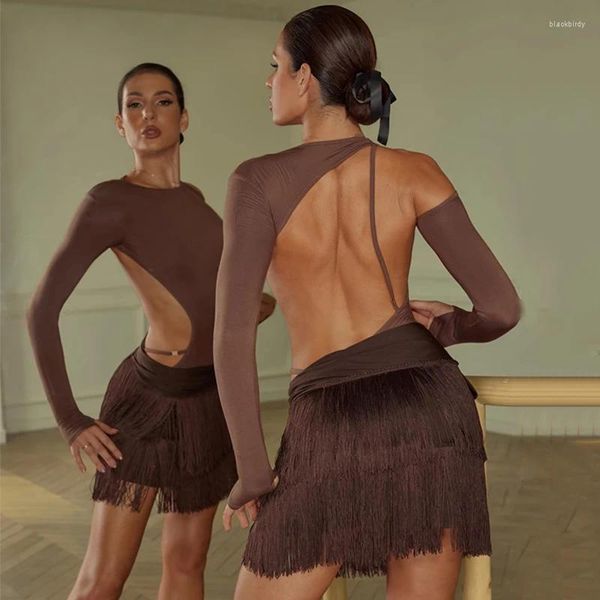 Palco desgaste zym roupas de dança latina mulheres prática marrom tops borla saia cha rumba vestido clube desempenho dnv19080