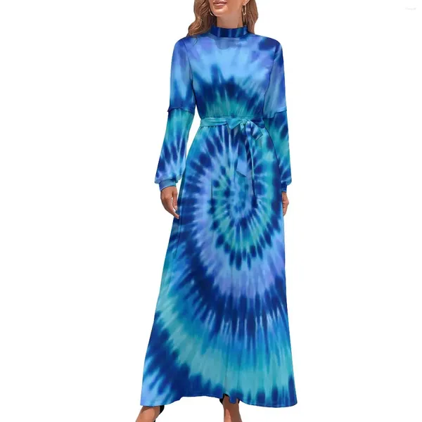 Vestidos casuais azul tie dye vestido espiral redemoinho impressão rua estilo praia feminino manga longa cintura alta sexy longo maxi