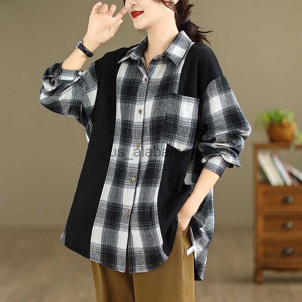 Camicette da donna Camicie 9216 Autunno Moda Patchwork Plaid Bianco Nero Casual 100 kg Camicie larghe per la donna Stile coreano Bavero Camicetta Top 2023 Vestiti YQ231214