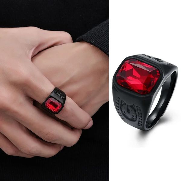 Anéis de casamento rubi preto anel masculino punk moda jóias acessórios vermelho zircão cristal anel de noivado de casamento 231213