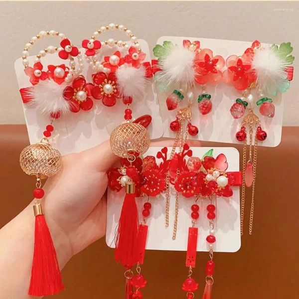 Acessórios de cabelo borla crianças vermelho hairpin simples flor pano ano chinês headwear bowknot antigo hanfu bebê