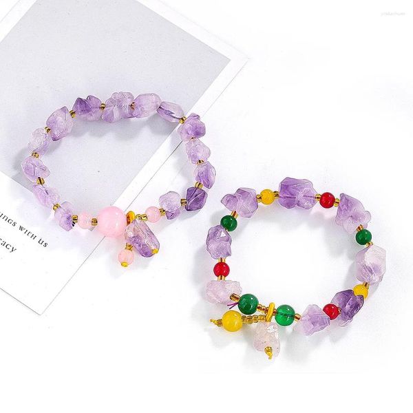 Pulseira de pedra crua de ametista natural, pulseira de cristal de quartzo, pulseira elástica de cura reiki para mulheres, meninas, aumento de charme, joia, presente