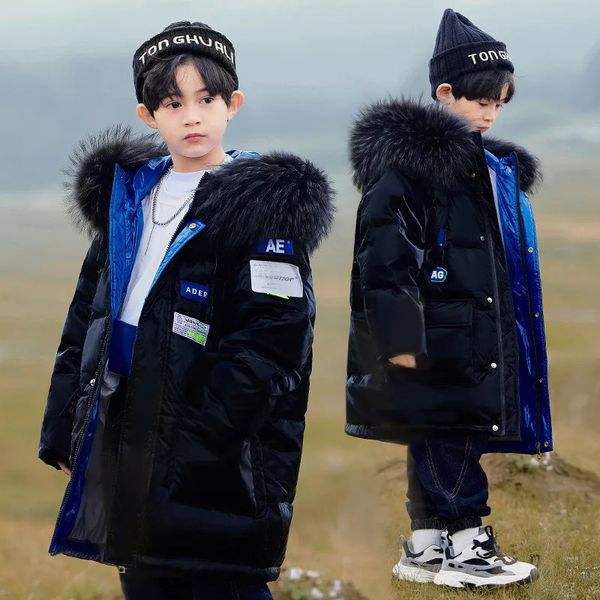 Куртки детские непромокаемые пуховики Зимняя мода для девочек теплое толстое пальто для мальчиков черное повседневное морозостойкое пальто с меховым воротником с капюшоном 231213