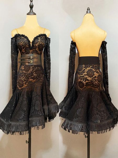 Abbigliamento da palco Donna Concorso di danza latina Abito Vino Adulto Pizzo nero Rumba Abiti da ballo Serata Party Prom JL5811