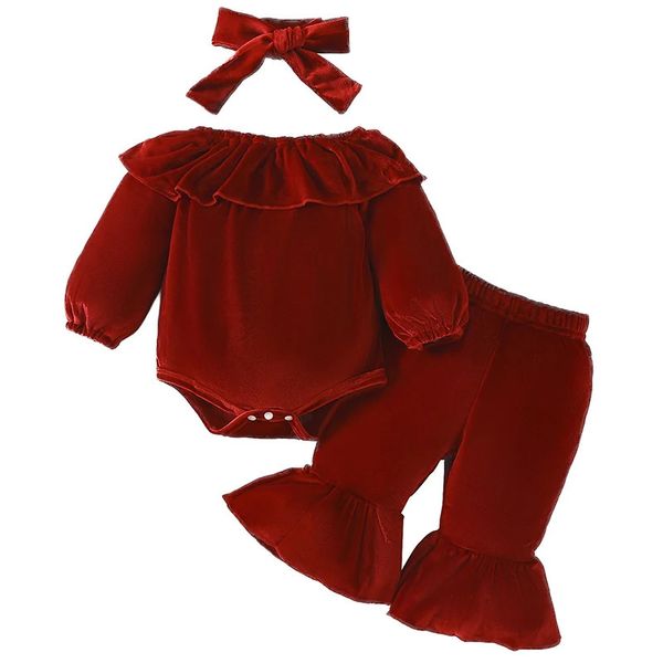 Conjuntos de roupas 3 peças de outono Natal roupas de menina nascida na moda e bonito vermelho manga comprida bebê bodysuitpantsheadband conjunto de roupas infantis BC744 231214
