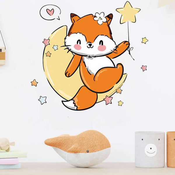 Bonito laranja raposa animais lua dos desenhos animados adesivos de parede para quarto das crianças do berçário do bebê decalques de parede casa adesivos decorativos decoração