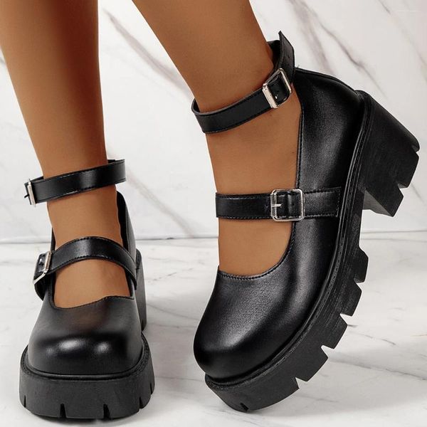 Sapatos de vestido tornozelo fivela plataforma mary jane mulheres preto pu couro salto alto bombas mulher grande tamanho grosso fundo gótico senhoras