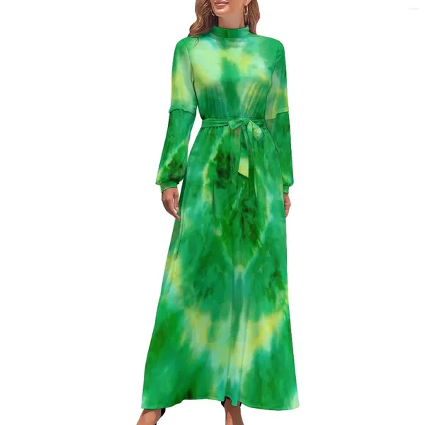 Повседневные платья Зеленое платье с принтом тай-дай с высокой талией и абстрактным принтом в богемном стиле с длинным рукавом Корейская мода Макси Современные платья