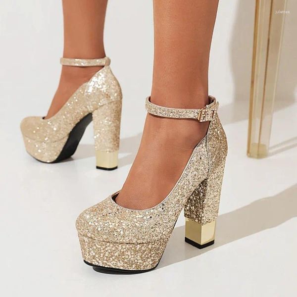 Модельные туфли Ochanmeb, золотые туфли-лодочки с блестками, женские блестящие серебряные туфли на высоком каблуке, женские туфли на толстом каблуке на платформе с пряжкой, свадебная вечеринка