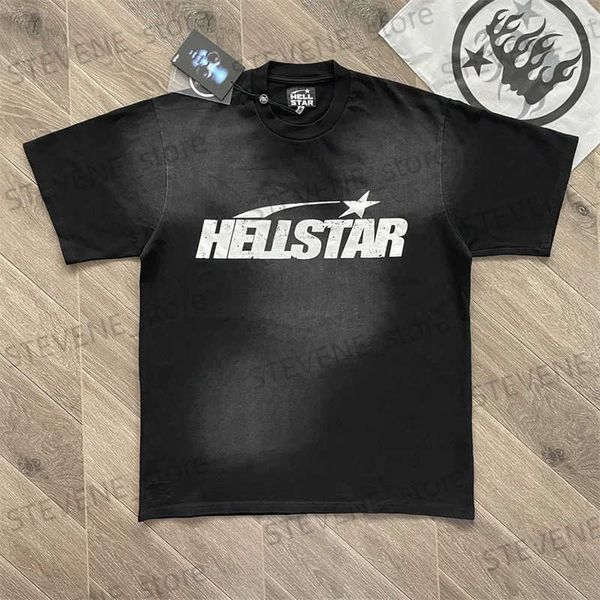 Мужские футболки 23SS Oversized Hellstar Черные потертые футболки для мужчин и женщин 1 1 Футболки большого размера из чистого хлопка высшего качества с принтом T231214