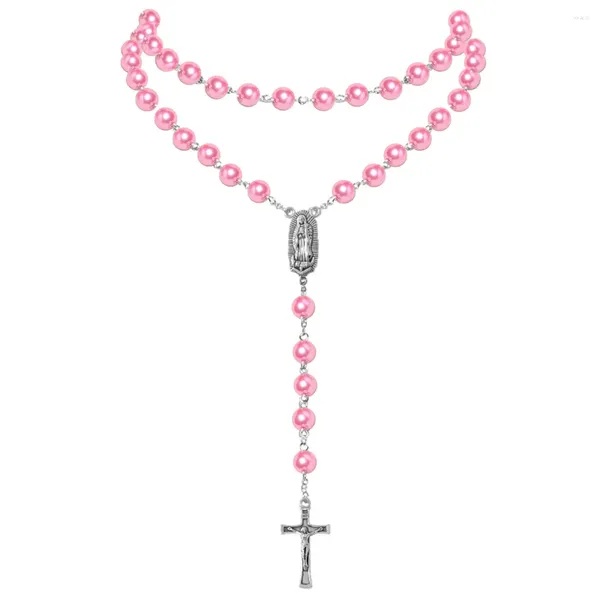 Colares de pingente católico rosa roxo branco azul pérola contas rosário colar com virgem maria medalha cruz moda jóias