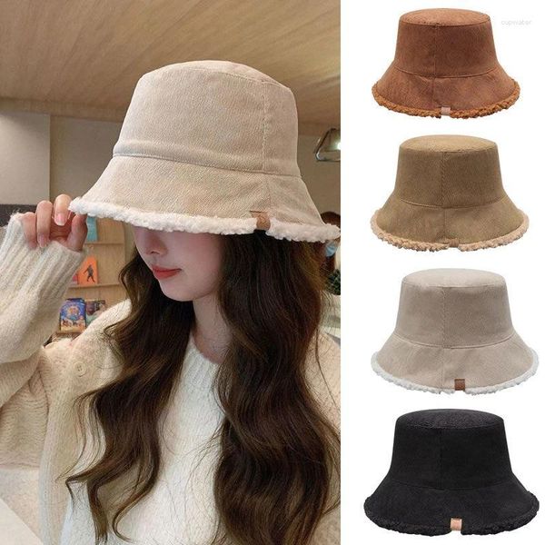 Berets Moda Reversível Faux Fur Bucket Hat Mulheres Corduroy Pescador Chapéus Inverno Lã de Cordeiro Cap Manter Quente Panamá Caps Bob