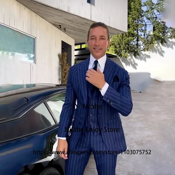 Fatos masculinos moda marinha azul listra ternos para homens cavalheiro negócios blazer casamento noivo smoking 3 peça jaqueta colete calças terno masculino 231214