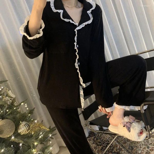 Женские пижамные комплекты, осенние женские топы с длинными рукавами, брюки, однотонные пижамы в Корейском стиле, модное нижнее белье для женщин, ночное белье