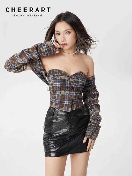 Женские блузкие рубашки Cheerart Cheerart Plaid Corset Top Brown Top Butting Off рубашки для женщин для женщин 2023 Y2K Top Designer Top Olde YQ231214