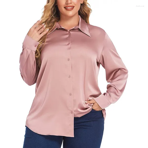 Blusas femininas de alta qualidade solta cetim moda feminina manga longa camisa de seda feminino escritório botão sólido casual primavera 24658