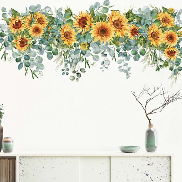 109 x 50 cm, handbemalte Sonnenblumen, grüne Blätter, Pflanzen, Wandaufkleber für Wohnzimmer, Schlafzimmer, Zuhause, dekorative Wandaufkleber, florales PVC