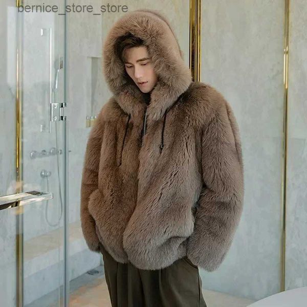 Pelliccia da uomo Pelliccia sintetica Nuova pelliccia Tutta pelle Imitazione Un pezzo Con cappuccio Abbigliamento caldo Gioventù inverno giacca vittoriana uomo moda coreana trench Q231212