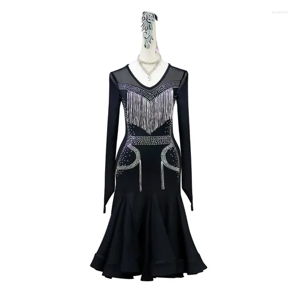 Abbigliamento da palco Vestito da competizione di danza latina nera Vestito da donna sportivo professionale Gonna sexy Ragazza di grandi dimensioni Personalizzazione Costume da ballo per sala da ballo