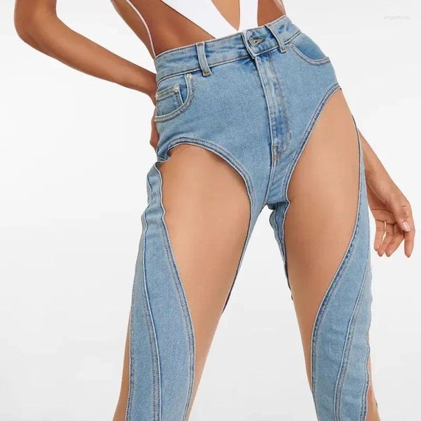 Jeans femininos secy sexy cintura alta denim emendado malha calças senhoras moda dividir calças magras casual streetwear para mulher