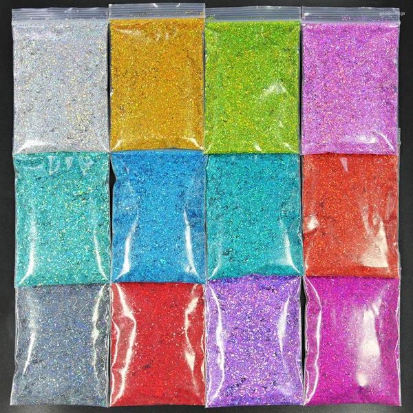 Tırnak parıltısı 50g/çanta düzensiz yanardöner payetler lazer holo karışımı boyut 12 renk Diy manikür holografik toz alet