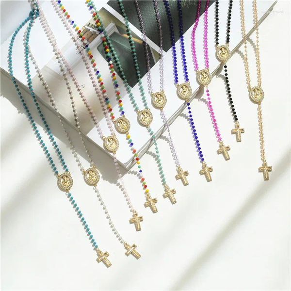 Colares de pingente colar feminino banhado com 18k colorido cristal zircão virgem cruz em forma de y corrente religiosa moda jóias casal presente