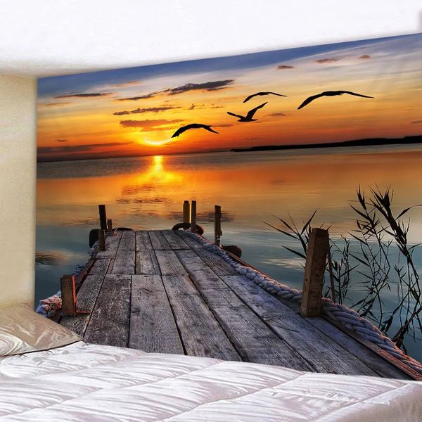 Wandteppiche Sonnenuntergang Vogel Wandteppich für Schlafzimmer schöne Landschaft Meer Welle See Wandbehang Stoff Hintergrund Decke Home Decor 231213