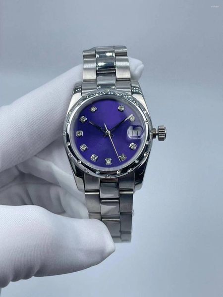 Relógios de pulso Relógio feminino: mostrador de diamante roxo 31mm calendário automático à prova d'água pulseira de mostrador de aço de precisão