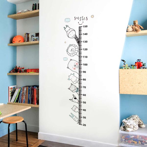 Linha simples animais dos desenhos animados altura régua adesivos de parede crescer altura medida decalques de parede para kis sala estar quarto pvc