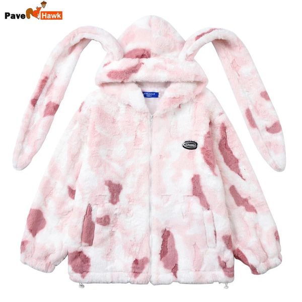 Erkek Ceketler Sahte Tavşan Ceket Kadın Kış Sevimli Tavşan Kulakları Polar Hooded Coats Kravat boyalı kabarık ceketler Sonbahar Kawaii Dış Giyim Sokak Giyim 231213