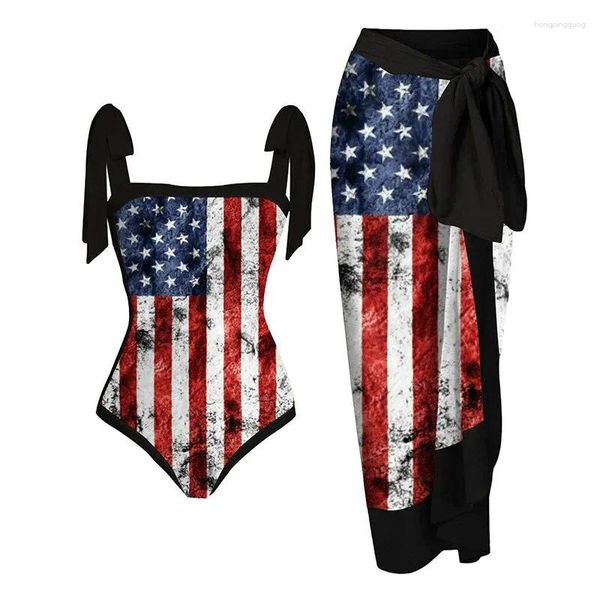 Mulheres Swimwear Bandeira Americana Impresso Swimsuit Mulheres 2023 Cintura Alta Saia Biquíni Duas Peças Slim Monokini Suspender Tie-Up Terno de Banho