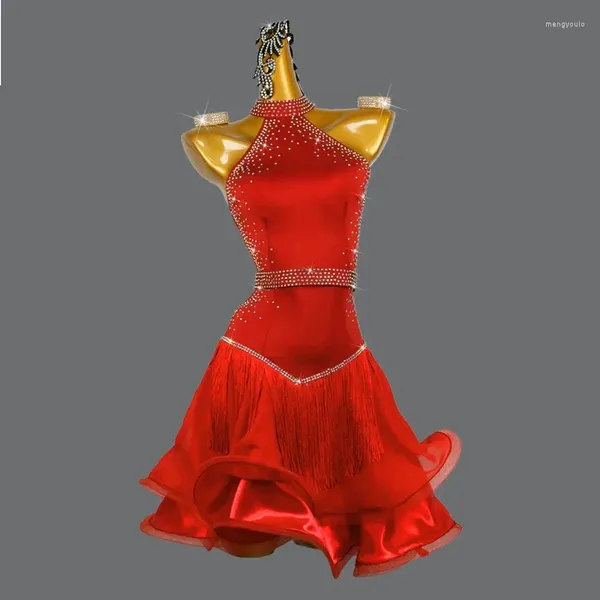 Bühne tragen rotes lateinamerikanisches Tanzwettbewerbskleid sexy trägerloser Rock für Frauen Diamantmädchen Ballsaal Kleidung Linie Midi Cha