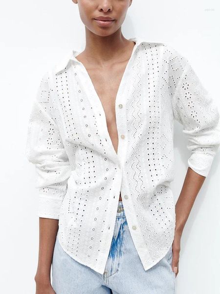 Blusas femininas camisas para mulher 2023 v pescoço colarinho botão up cutwork bordado camisa de manga longa casual branco senhoras topos