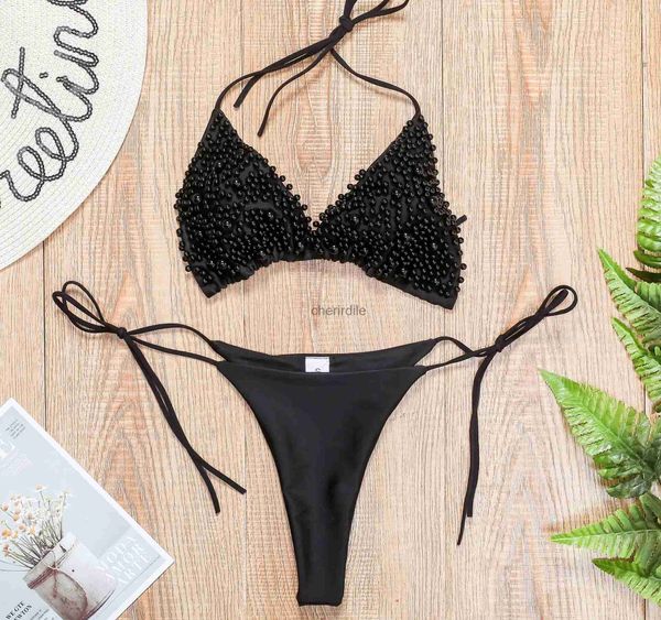 Damenbadebekleidung Sexy Micro Bikini Frauen Solid Black White Pearl Designer Badeanzug 2022 Luxus Strand Push Up Badeanzug Tanga Bademode Biquini YQ231214