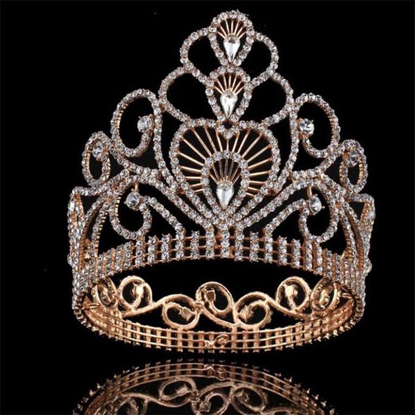 Corona da sposa vintage Tiara alta corona rotonda completa Copricapo di cristallo con strass Accessori per capelli Regina Corona Principessa Ornamento per testa2357