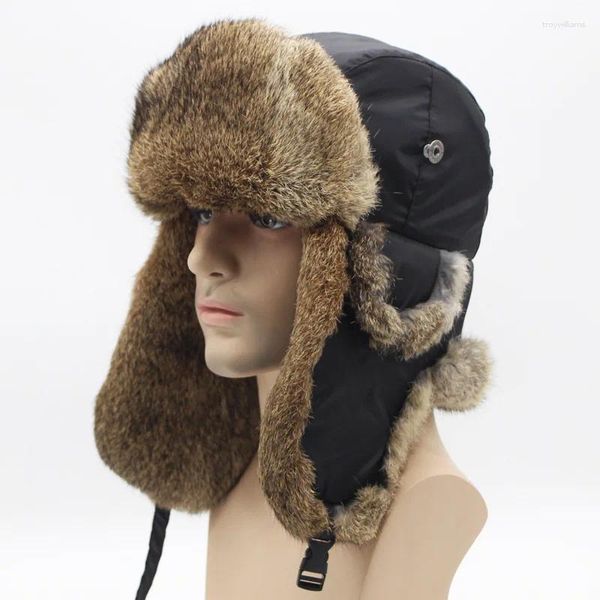 Berets Winter Männer Bomber Hut Pelz Dicke Warme Outdoor Russische Uschanka Mode Männlich Earflap Ski Pilot Cap Trapper Winddicht Fahrt