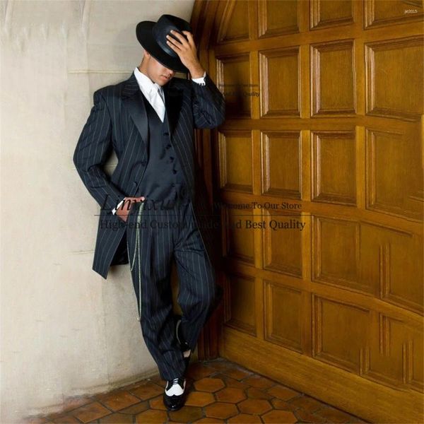 Herrenanzüge Italienische Streifen Männer 3 Stück Sets Bräutigam Hochzeit Smoking Business Männlich Langer Mantel Blazer Tierarzt Hosen Slim Fit Kostüm Homme