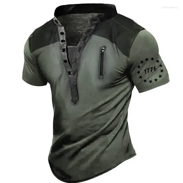 Herren T-Shirts Vintage T-Shirt Hemd Stehkragen Kurzarm Kleidung 3D Casual Printing Outdoor Fashion Top
