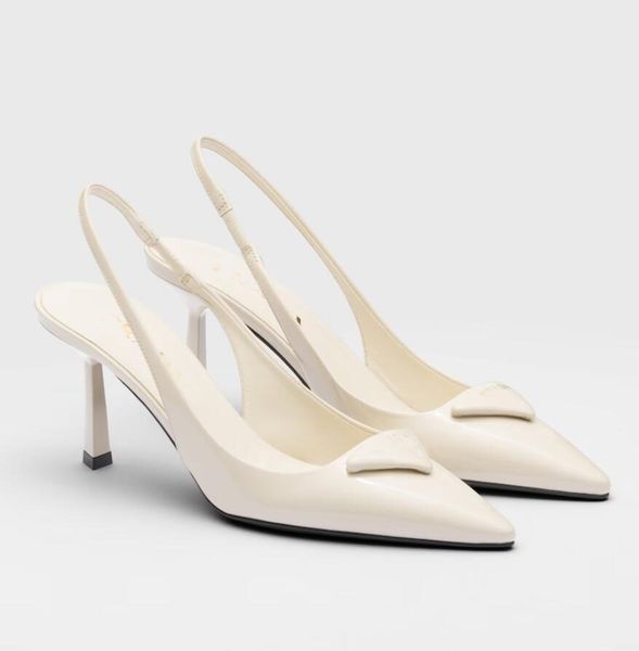 Sandali estivi in pelle spazzolata di lusso Scarpe da donna Slingback in pelle verniciata Nude Nero Bianco Triangolo a punta Tacchi alti Lady Elegant Pumps EU35-43