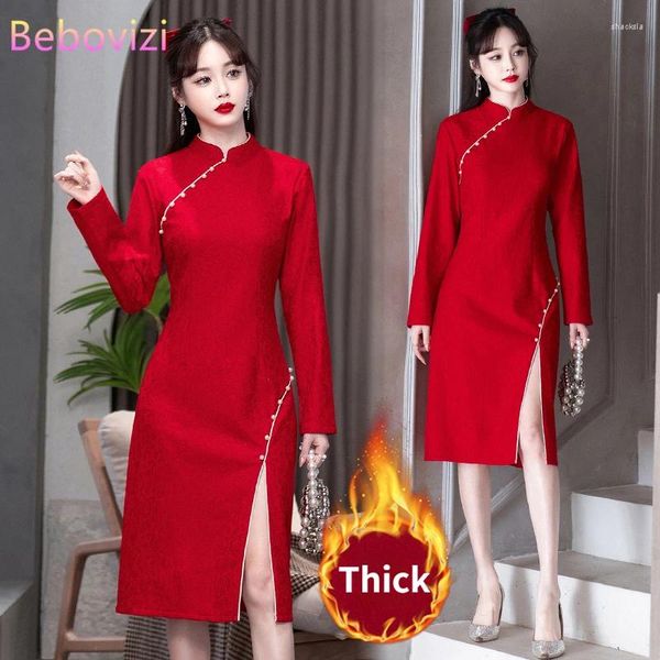 Abbigliamento etnico Abito Qipao in pizzo tradizionale cinese per donna Autunno Inverno Elegante retrò sottile moderno migliorato cheongsam rosso CNY