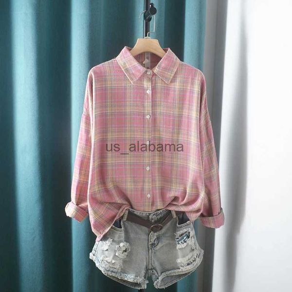 Blusas femininas camisas lamtrip único rosa doce xadrez peter pan colarinho manga longa camisa de algodão blusa yq231214