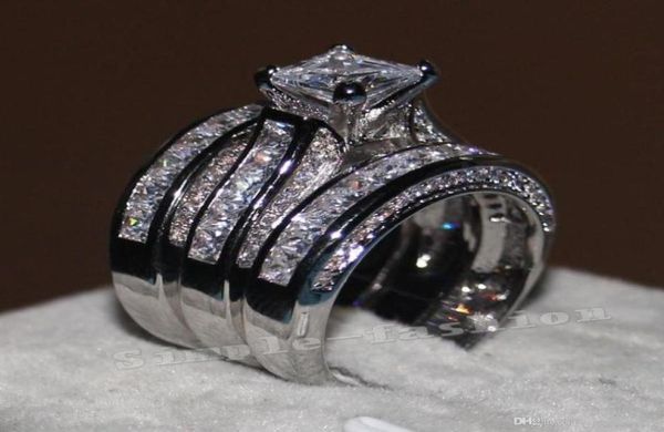 Vecalon Joias finas corte de princesa 20 quilates Cz diamante conjunto de aliança de casamento de noivado para mulheres anel de dedo preenchido com ouro branco 14K RR3376381