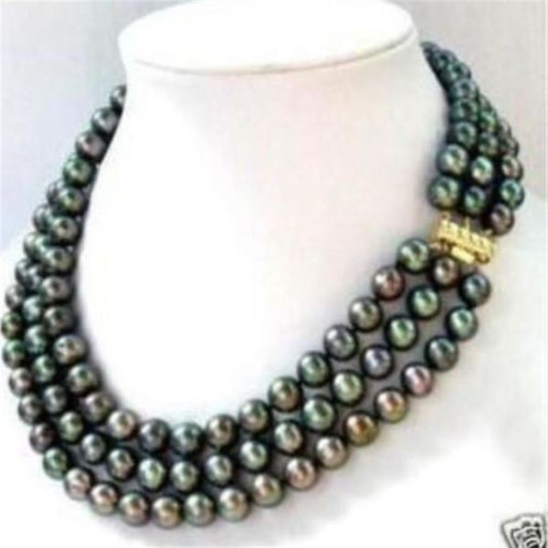 Ожерелье с черным жемчугом Акойя, 3 ряда, 7-8 мм, 17-19 дюймов276j