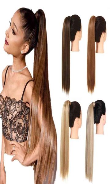 Gerade Pferdeschwanzhaarverlängerungsclip in gefälschter Perücken Haartippe Synthetic Blonde Wrap um Pigtail Lange glatte Overhead Pony Tail 9284859